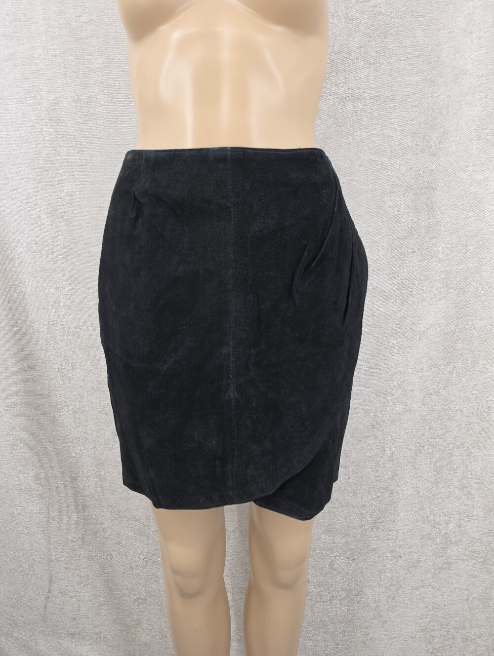 Vintage Black Suede Genuine Leather Faux Wrap Mini Skirt